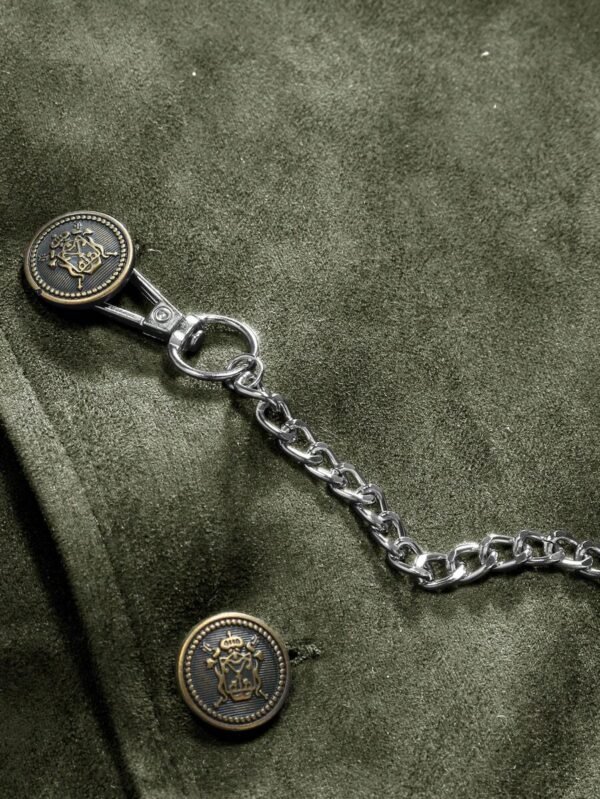 DM_20251216155138_005 Vintage Olive Green Double-Breasted Suede Waistcoat with Chain