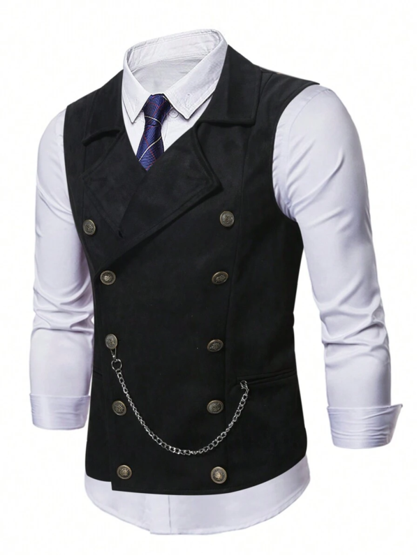 DM_20251216175712_001 Men's Black Faux Suede Steampunk Double-Breasted Waistcoat with Chain