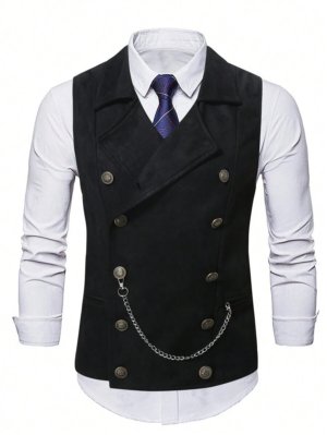 DM_20251216175712_003 Men's Black Faux Suede Steampunk Double-Breasted Waistcoat with Chain