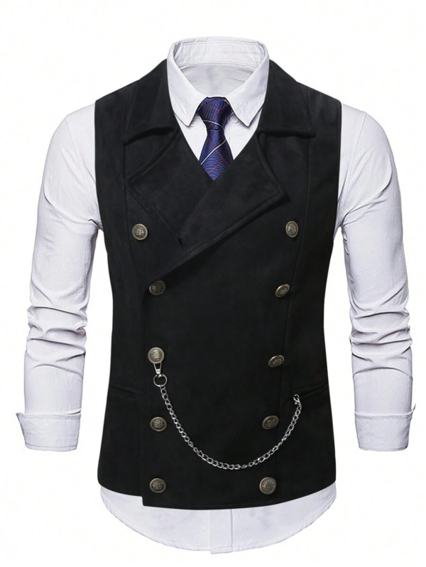 DM_20251216175712_003 Men's Black Faux Suede Steampunk Double-Breasted Waistcoat with Chain