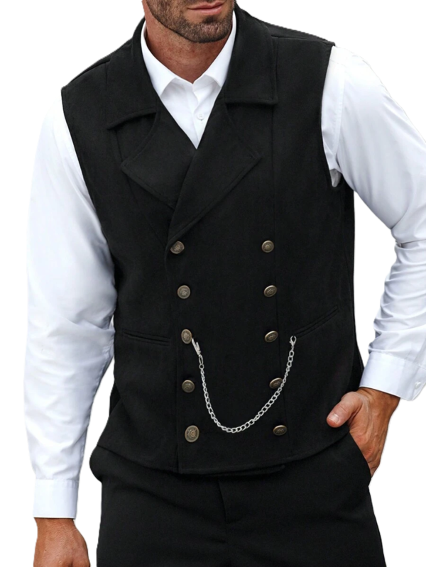 DM_20251216175712_004 Men's Black Faux Suede Steampunk Double-Breasted Waistcoat with Chain