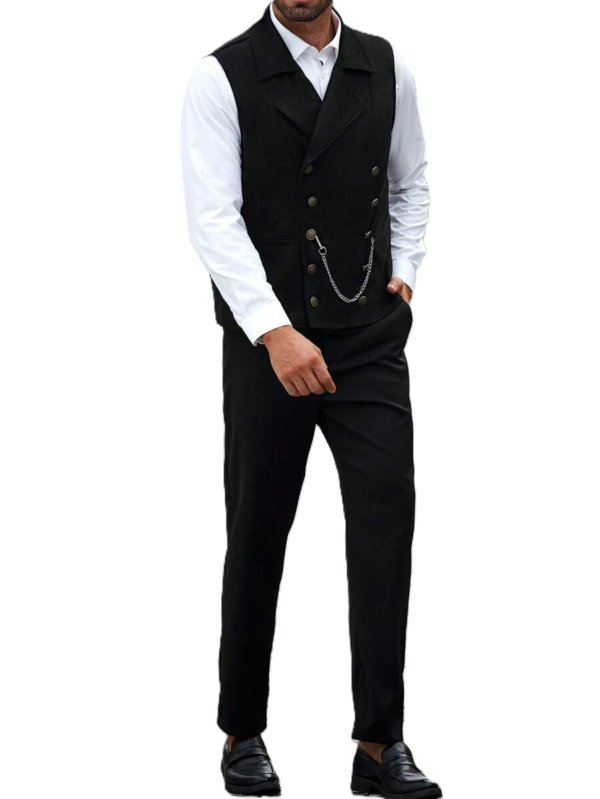 DM_20251216175712_005 Men's Black Faux Suede Steampunk Double-Breasted Waistcoat with Chain