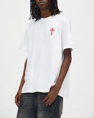 Red Cross Embroidered Oversized White T-Shirt