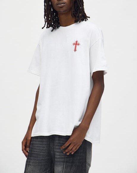 Red Cross Embroidered Oversized White T-Shirt