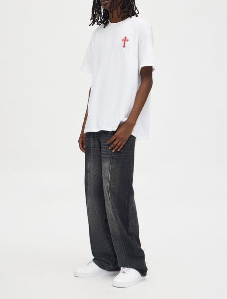 Red Cross Embroidered Oversized White T-Shirt