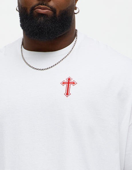 Red Cross Embroidered Oversized White T-Shirt