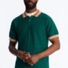 Retro Stripe Collar Knitted Polo Shirt | Men's Vintage Dark Green Textured Short Sleeve Polo Top