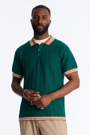 DM_20260306165059_001 Retro Stripe Collar Knitted Polo Shirt | Men's Vintage Dark Green Textured Short Sleeve Polo Top