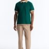Retro Stripe Collar Knitted Polo Shirt | Men's Vintage Dark Green Textured Short Sleeve Polo Top