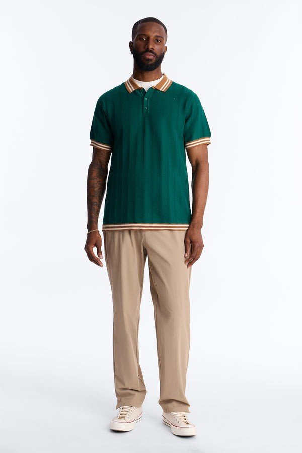 Retro Stripe Collar Knitted Polo Shirt | Men's Vintage Dark Green Textured Short Sleeve Polo Top