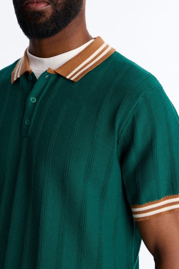 Retro Stripe Collar Knitted Polo Shirt | Men's Vintage Dark Green Textured Short Sleeve Polo Top