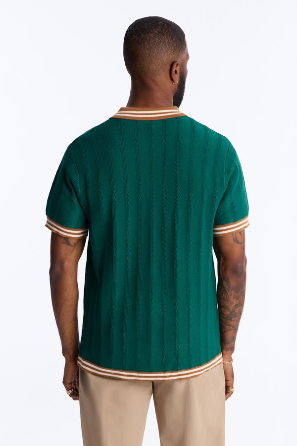 Retro Stripe Collar Knitted Polo Shirt | Men's Vintage Dark Green Textured Short Sleeve Polo Top