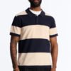 Men's Navy Beige Striped Knit Short Sleeve Polo Shirt | Vintage Casual Textured Polo Top