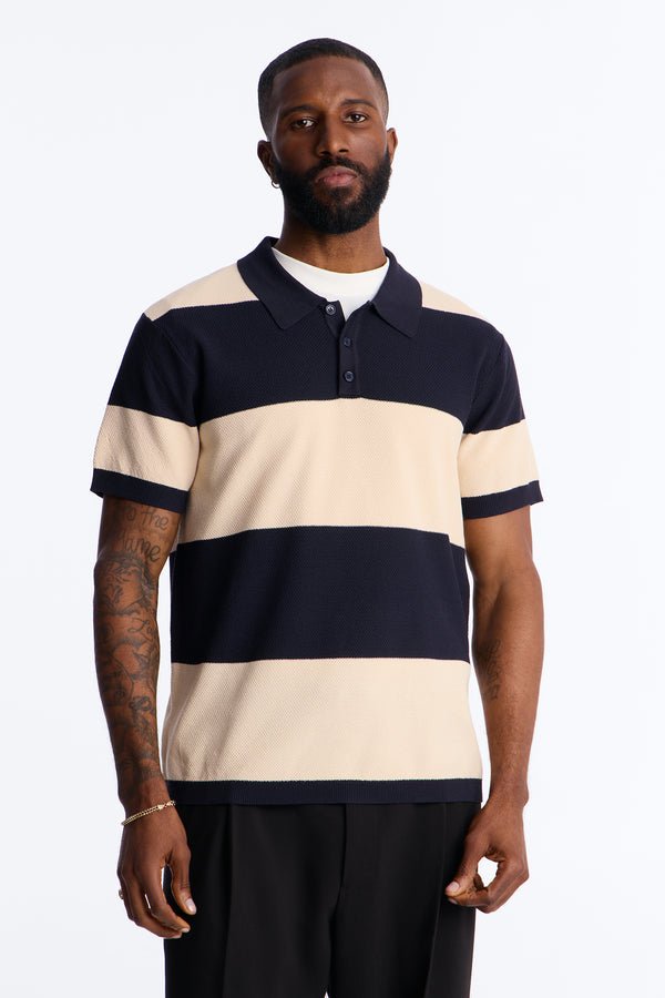 Men's Navy Beige Striped Knit Short Sleeve Polo Shirt | Vintage Casual Textured Polo Top
