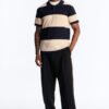 Men's Navy Beige Striped Knit Short Sleeve Polo Shirt | Vintage Casual Textured Polo Top