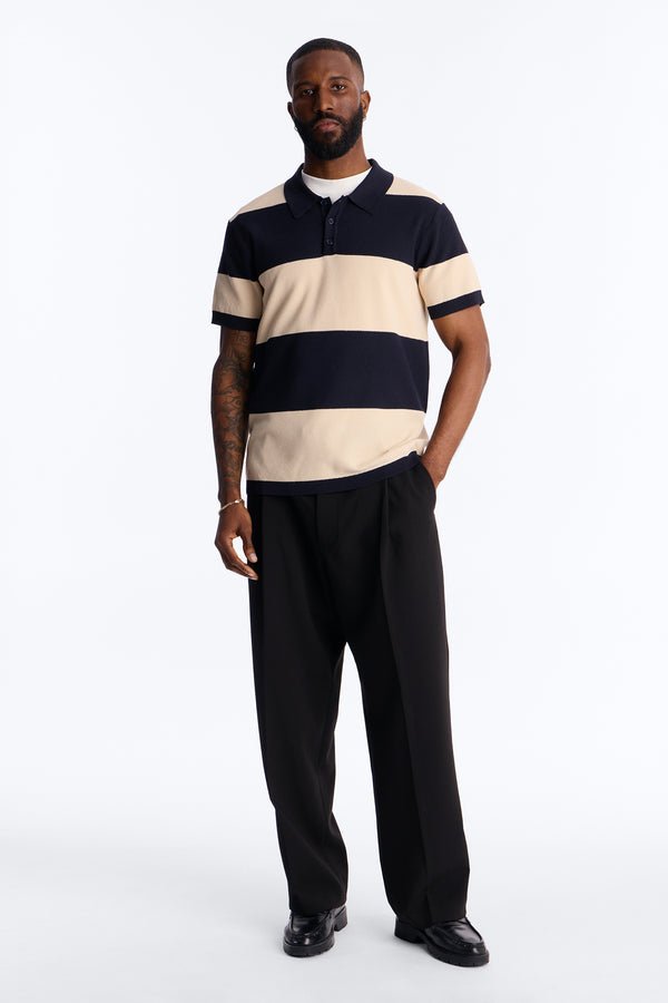 Men's Navy Beige Striped Knit Short Sleeve Polo Shirt | Vintage Casual Textured Polo Top