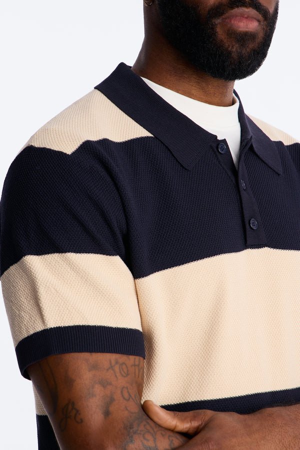 Men's Navy Beige Striped Knit Short Sleeve Polo Shirt | Vintage Casual Textured Polo Top