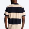 Men's Navy Beige Striped Knit Short Sleeve Polo Shirt | Vintage Casual Textured Polo Top