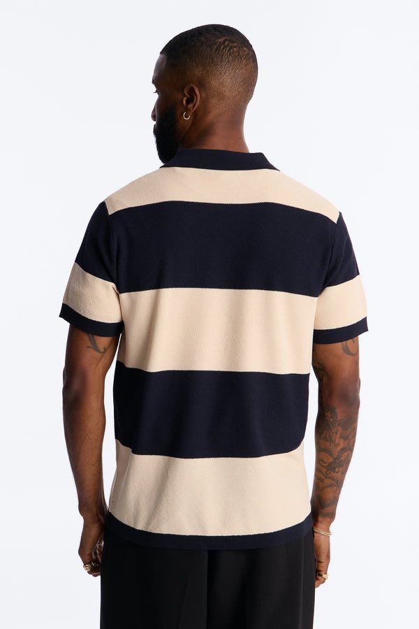 Men's Navy Beige Striped Knit Short Sleeve Polo Shirt | Vintage Casual Textured Polo Top