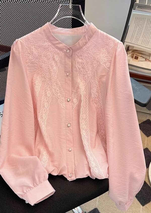 O1CN01gvlVY92KRn3gbsng9_!!2219562299554-0-cib Women Lace Patchwork Stand Collar Blouse | Casual Loose Long Sleeve Crop Shirt