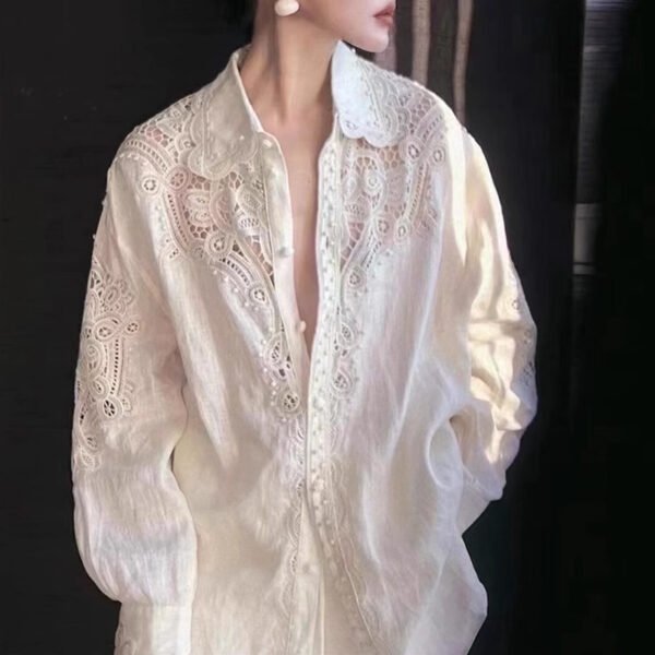 O1CN01kcG2D41Ntfq3mQ0EY_!!2217670711628-0-cib Vintage Hollow Lace Linen Shirt | Old Money Oversized Long Sleeve Blouse for Women