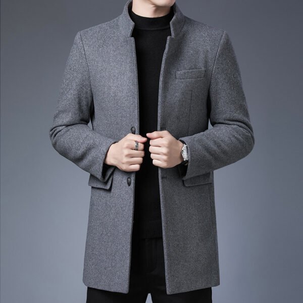 Men Stand Collar Mid Length Wool Coat Slim Business Wool Overcoat