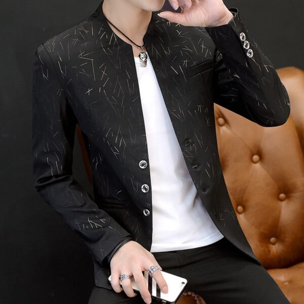 主图_05 Men's Stand Collar Blazer - Casual Slim Fit Printed Suit Jacket in Black/White/Navy