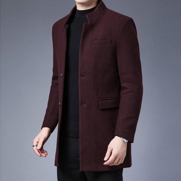 Men Stand Collar Mid Length Wool Coat Slim Business Wool Overcoat