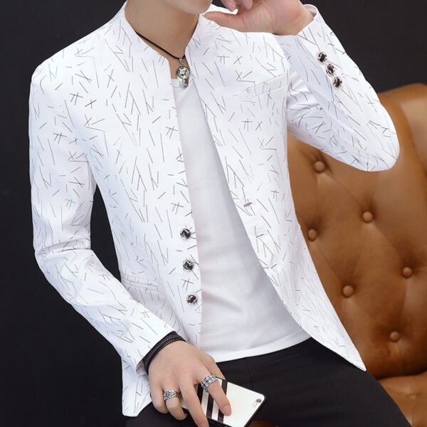 主图_07 Men's Stand Collar Blazer - Casual Slim Fit Printed Suit Jacket in Black/White/Navy
