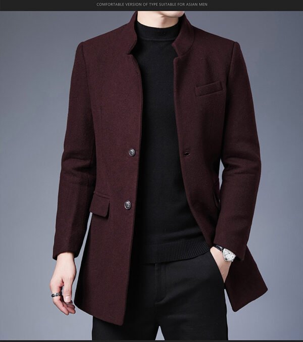 Men Stand Collar Mid Length Wool Coat Slim Business Wool Overcoat