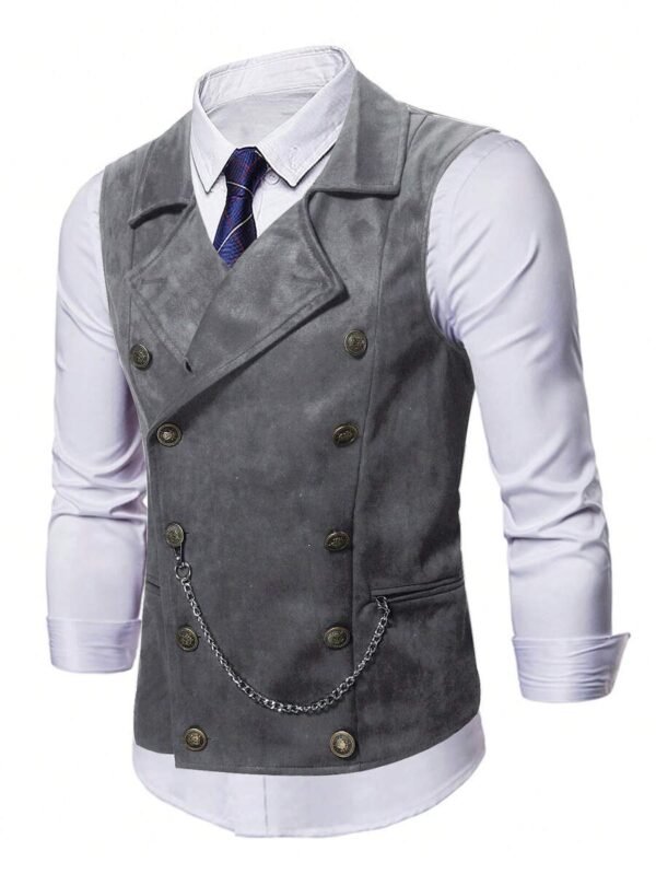 Men's Vintage Suede Double Breasted Waistcoat Formal Lapel Vest With Chain