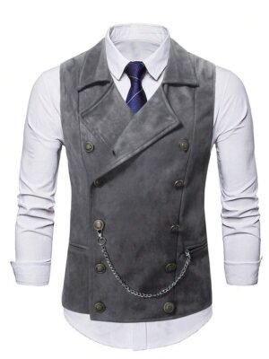 Men's Vintage Suede Double Breasted Waistcoat Formal Lapel Vest With Chain
