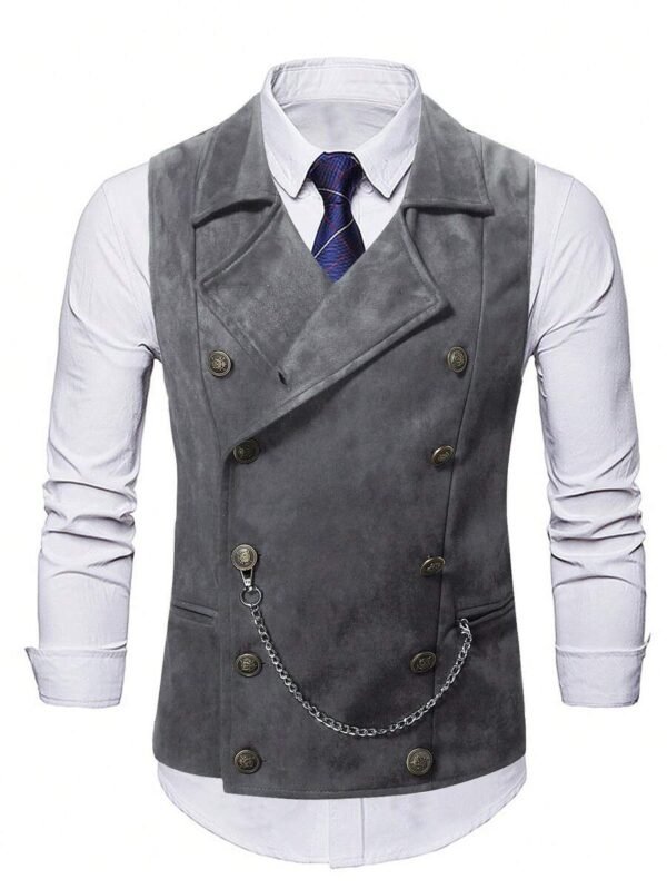 Men's Vintage Suede Double Breasted Waistcoat Formal Lapel Vest With Chain