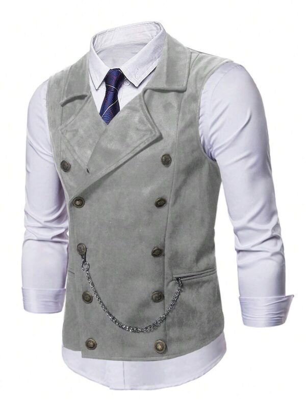 Men's Grey Faux Suede Double Breasted Lapel Waistcoat With Decorative Chain