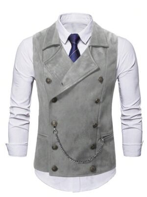 Men's Grey Faux Suede Double Breasted Lapel Waistcoat With Decorative Chain