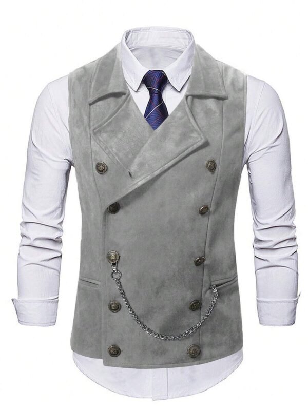 Men's Grey Faux Suede Double Breasted Lapel Waistcoat With Decorative Chain