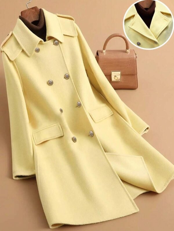 DM_20251225090006_001 Yellow Double Breasted Wool Blend Trench Coat | Women Mid Length Lapel Warm Overcoat