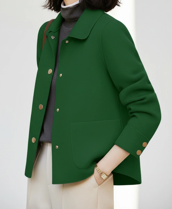 DM_20251225090123_001 Women Vintage Green Wool Blend Short Coat | Lapel Gold Button Casual Jacket