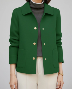 Women Vintage Green Wool Blend Short Coat | Lapel Gold Button Casual Jacket