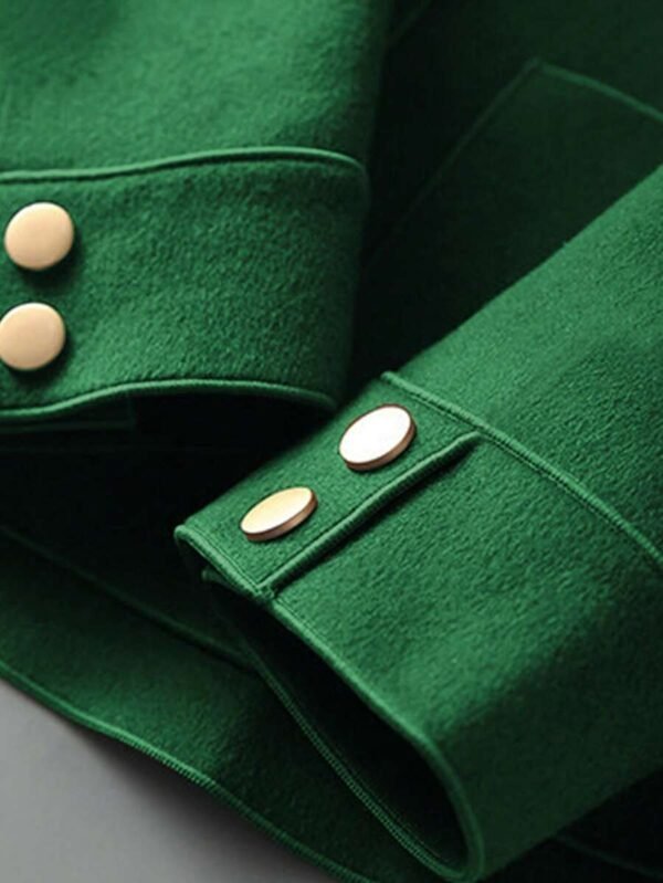 DM_20251225090123_005 Women Vintage Green Wool Blend Short Coat | Lapel Gold Button Casual Jacket
