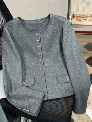 Women’s Grey Collarless Button Jacket