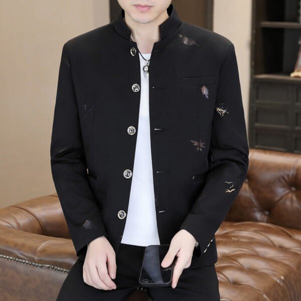 主图_01 Men's Chinese Stand Collar Embroidered Blazer Jacket, Slim Fit Casual Mandarin Collar Business Coat