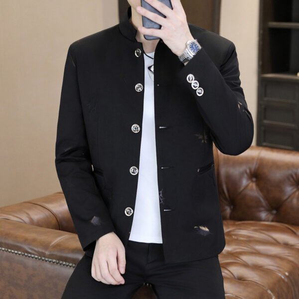 主图_02 Men's Chinese Stand Collar Embroidered Blazer Jacket, Slim Fit Casual Mandarin Collar Business Coat