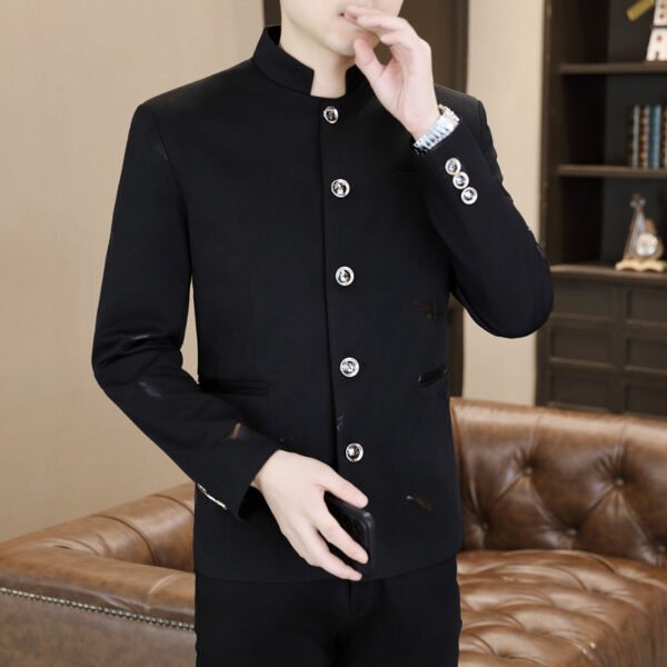 主图_03 Men's Chinese Stand Collar Embroidered Blazer Jacket, Slim Fit Casual Mandarin Collar Business Coat