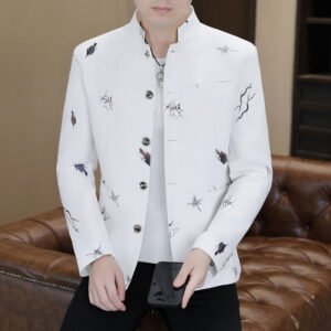 主图_04 Men's White Mandarin Collar Printed Blazer Slim Fit Casual Stand Collar Jacket