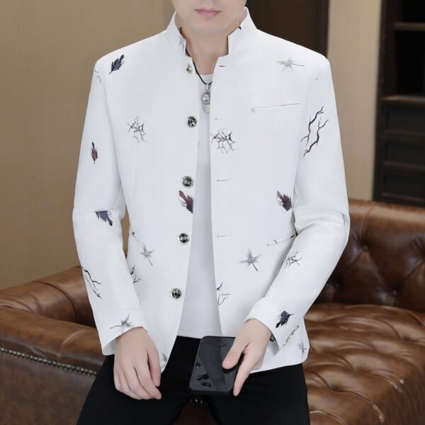主图_04 Men's White Mandarin Collar Printed Blazer Slim Fit Casual Stand Collar Jacket