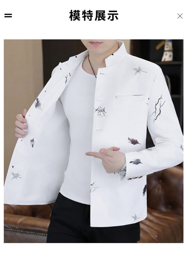 详情_04 Men's White Mandarin Collar Printed Blazer Slim Fit Casual Stand Collar Jacket
