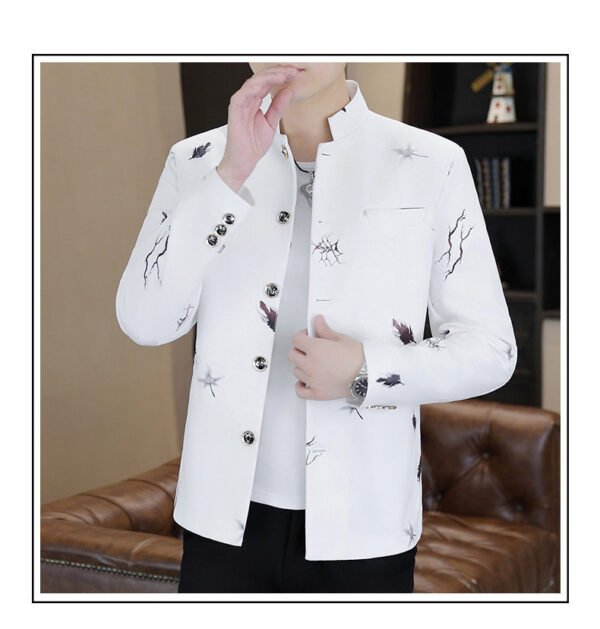 详情_05 Men's White Mandarin Collar Printed Blazer Slim Fit Casual Stand Collar Jacket