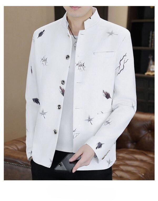 详情_06 Men's White Mandarin Collar Printed Blazer Slim Fit Casual Stand Collar Jacket