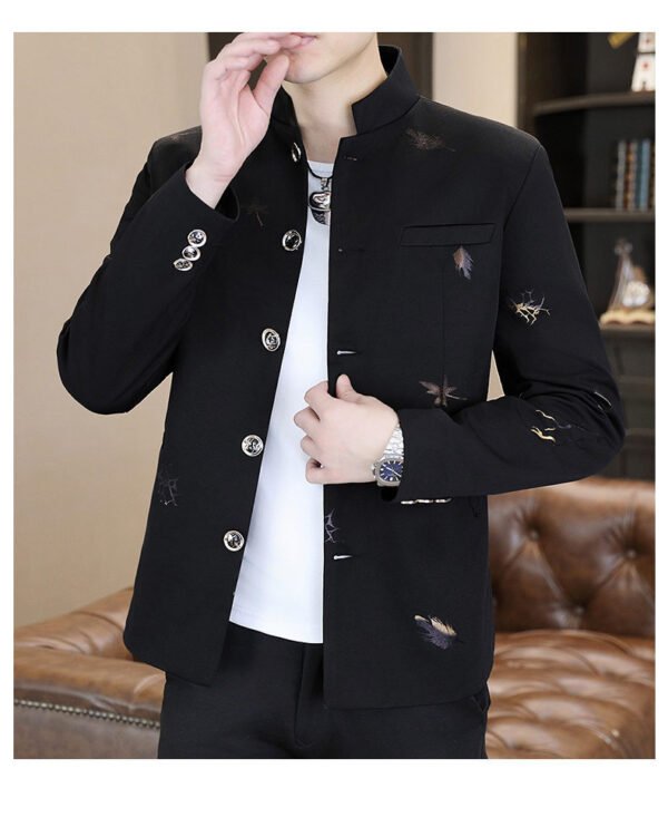 详情_12 Men's Chinese Stand Collar Embroidered Blazer Jacket, Slim Fit Casual Mandarin Collar Business Coat